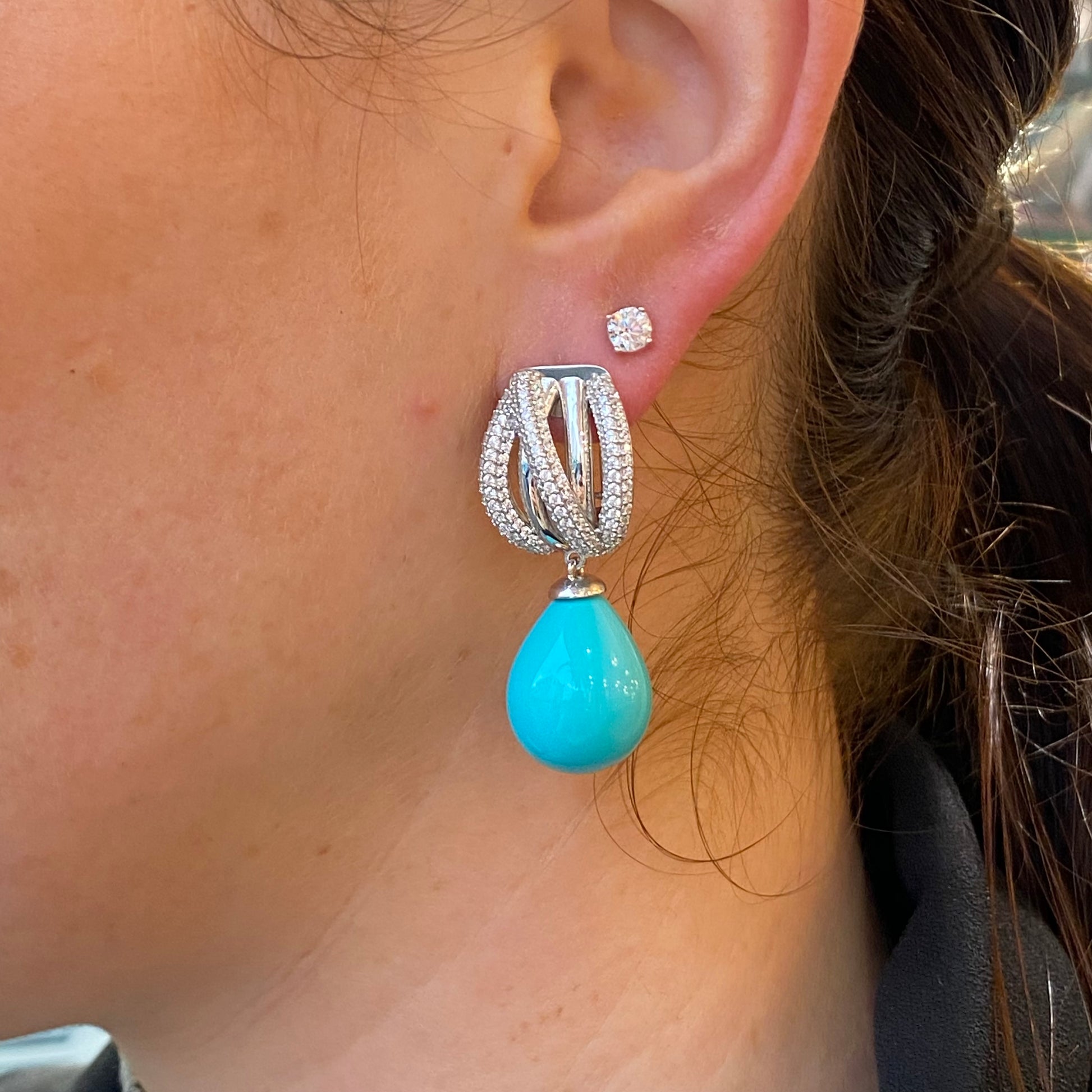 Silver Turquiose Shell Pearl & CZ Drop Earrings | 9x40mm - John Ross Jewellers