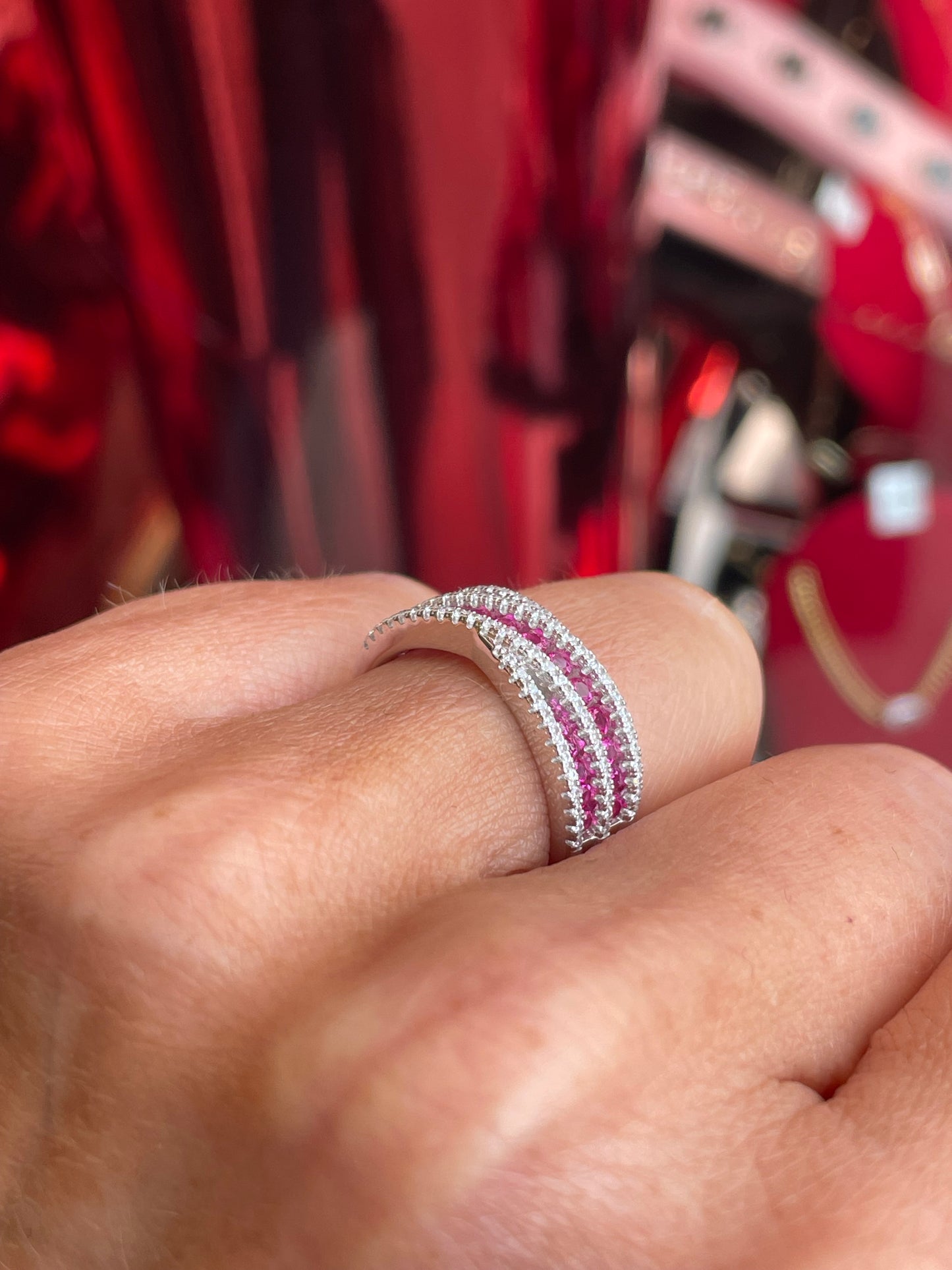 Silver CZ Crossover Band Ring | Ruby Red