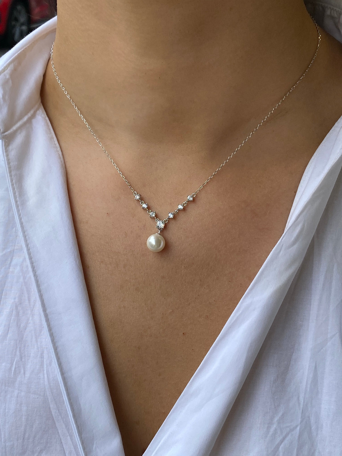 Silver CZ Pearl Drop Necklace