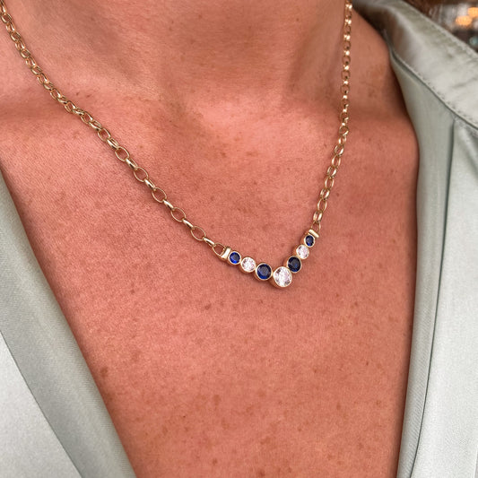 9ct Gold Wishbone Necklace | Sapphire Blue & White CZ