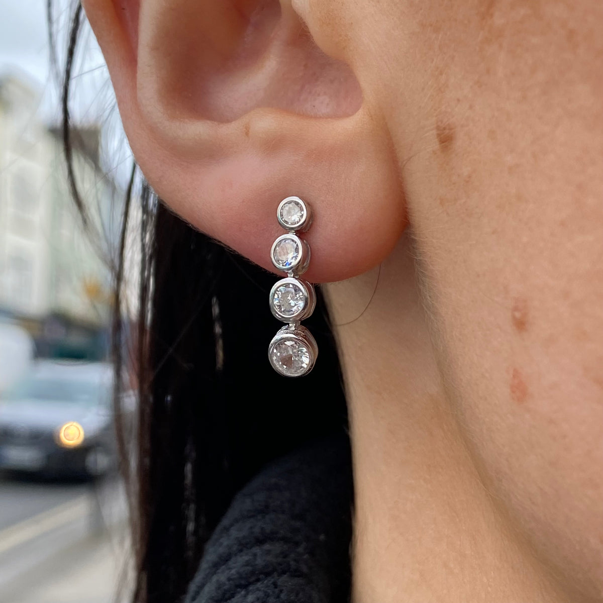Silver Four Stone Graduated CZ Drop Earrings
