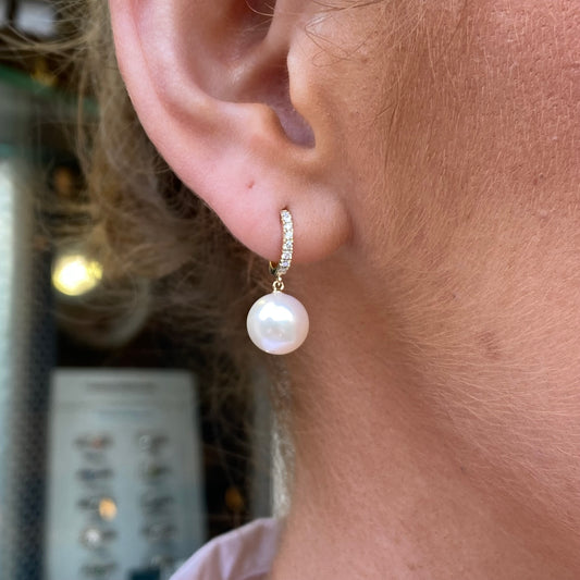 9ct Gold Cultured Freshwater Pearl Diamond Huggie Hoop Earrings