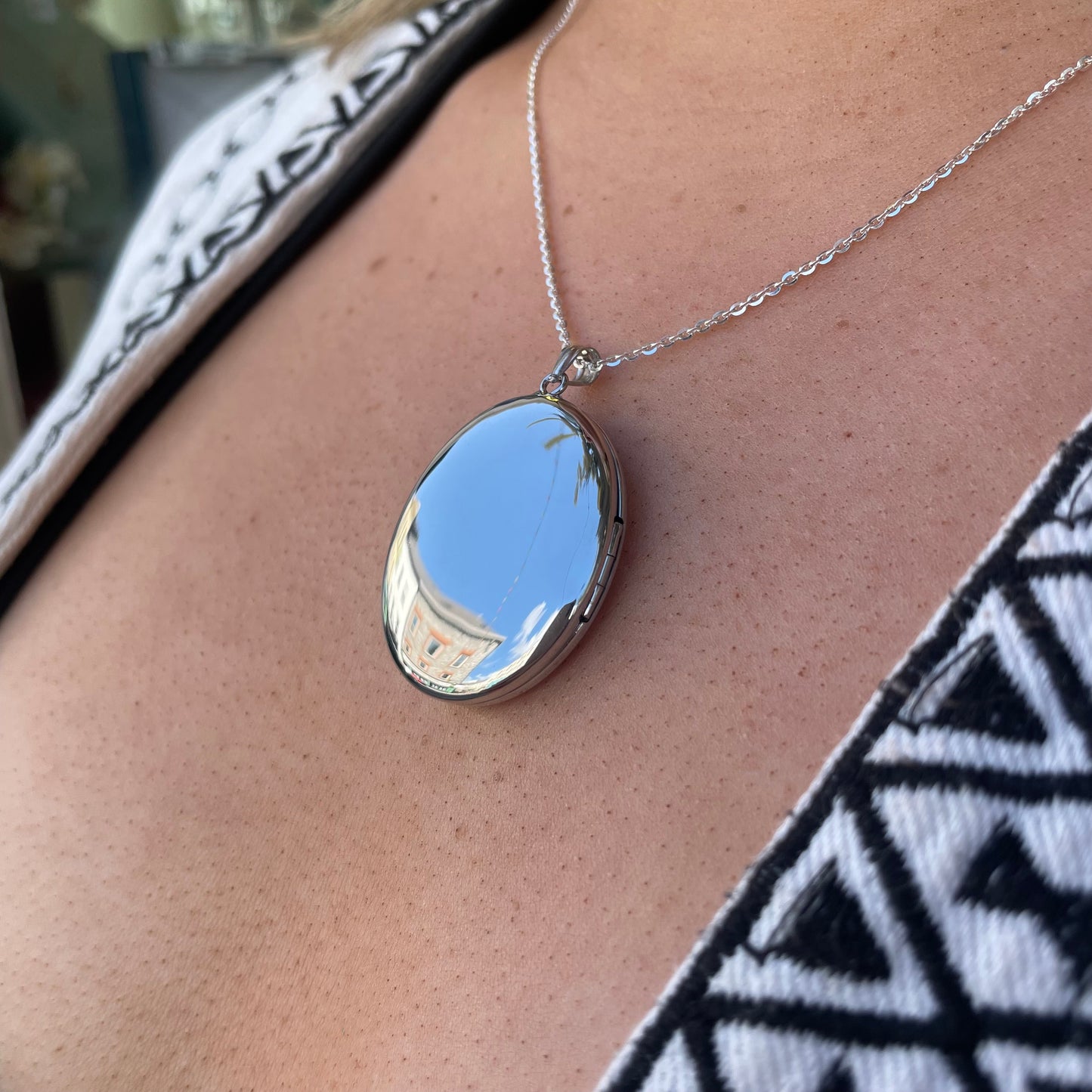 Silver Large Oval Locket and Chain