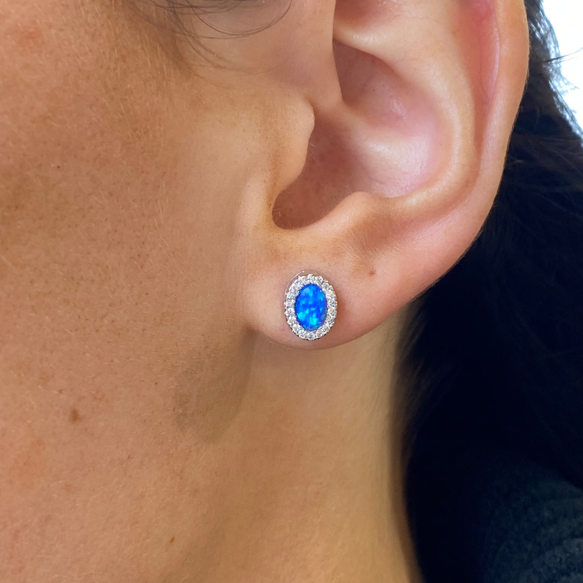 Silver Oval Blue Opalique & CZ Halo Stud Earrings
