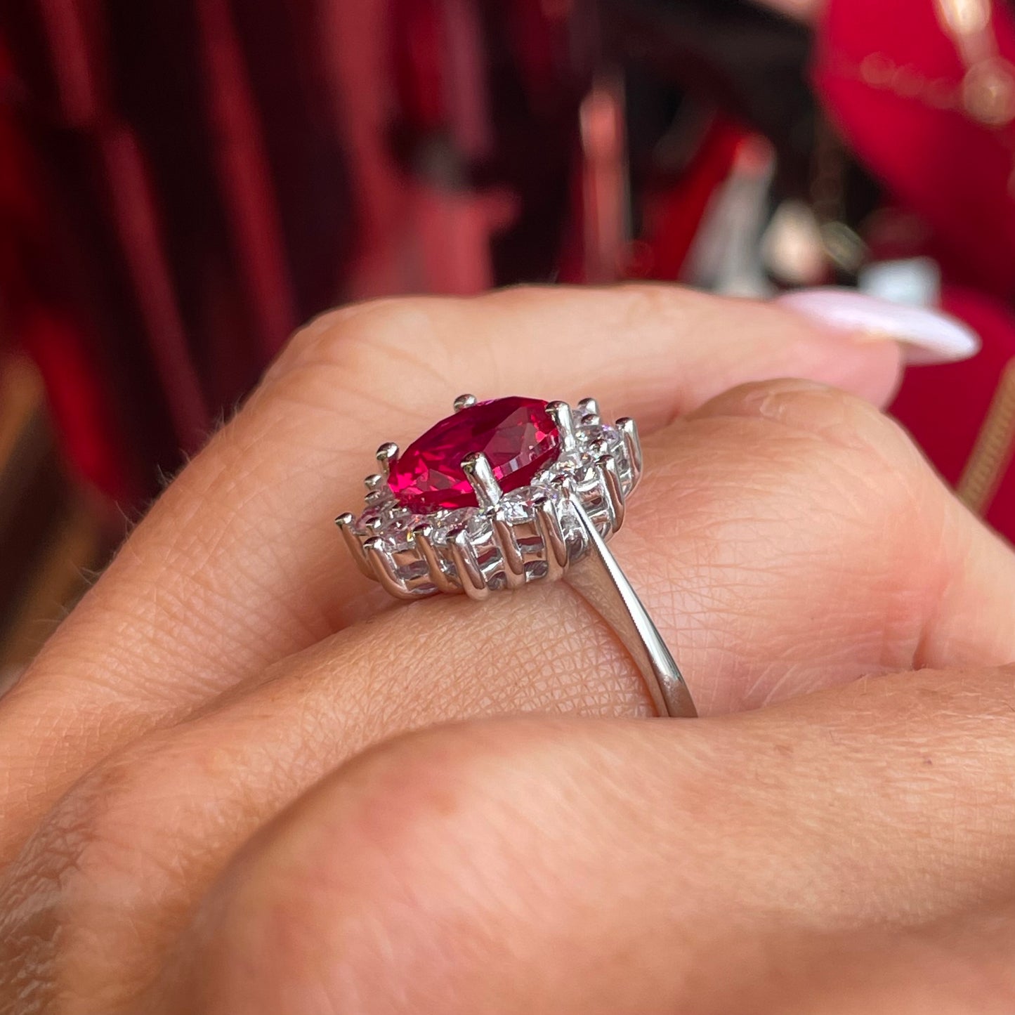 Silver Ruby Red Oval Statement Ring