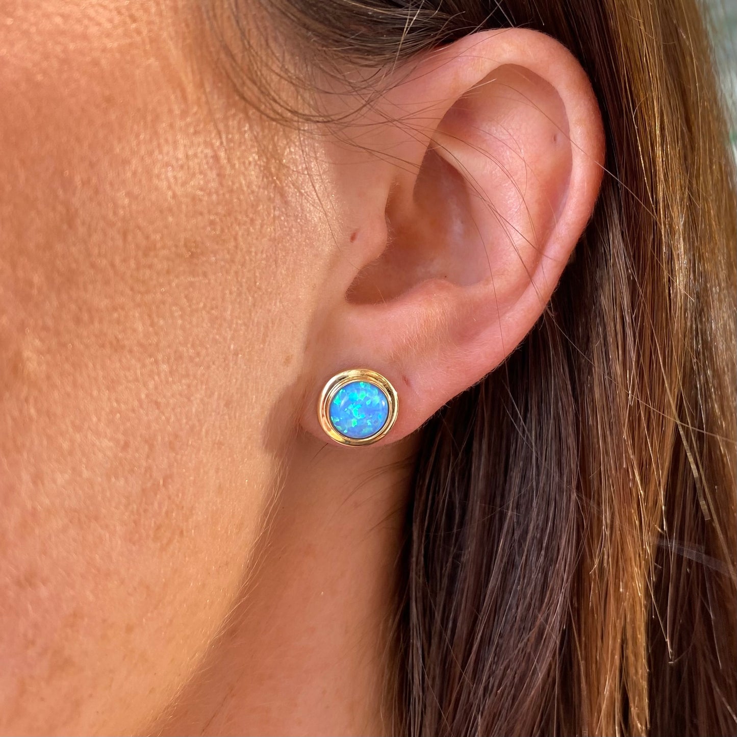 9ct Gold Round Blue Opalique Stud Earrings - John Ross Jewellers