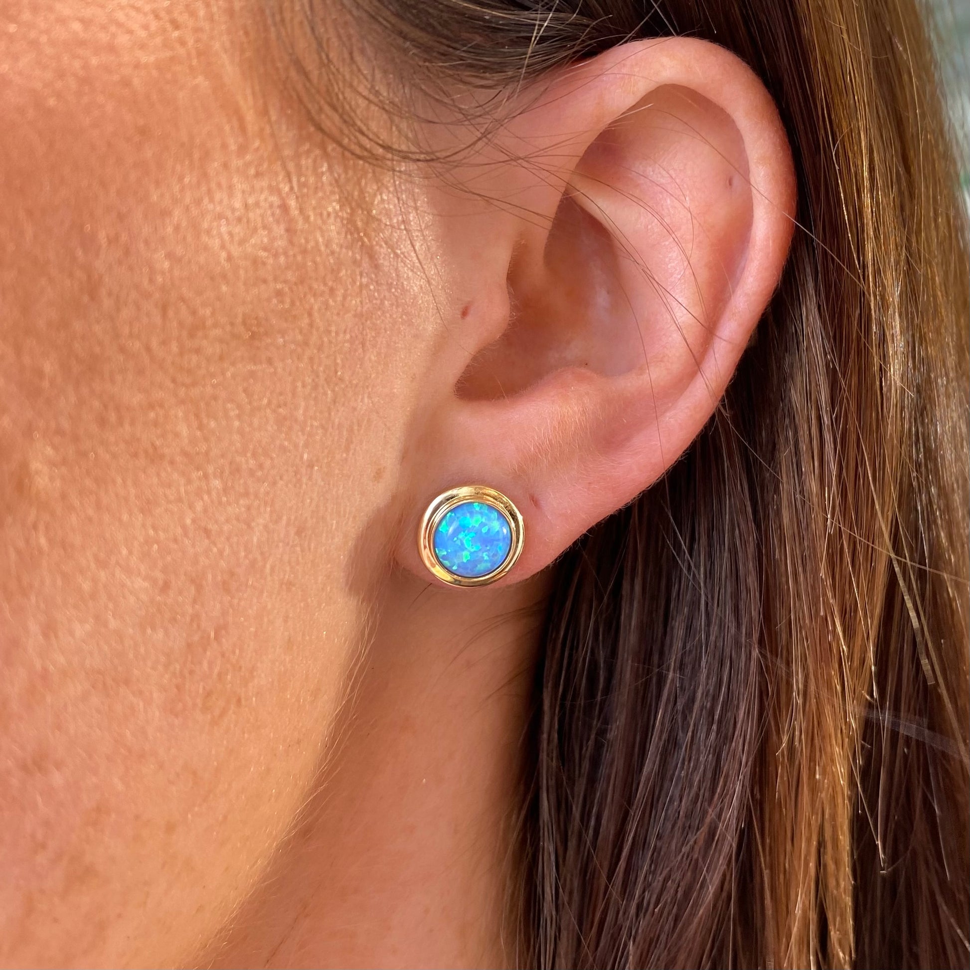 9ct Gold Round Blue Opalique Stud Earrings - John Ross Jewellers