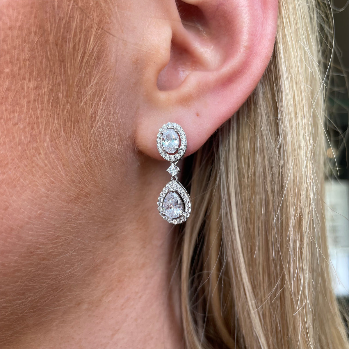 Silver Pearl CZ Halo Drop Earrings