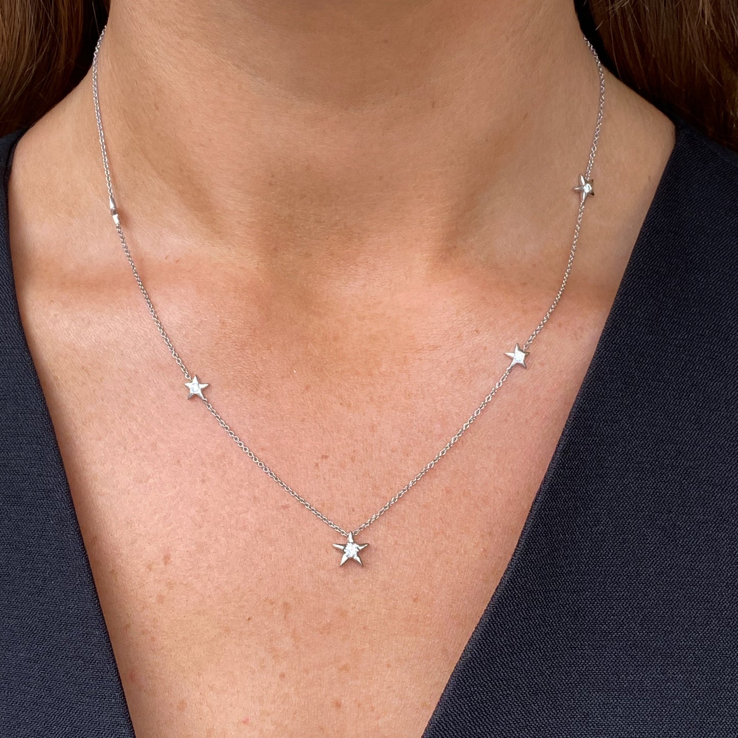 9ct White Gold Diamond Stars Necklace