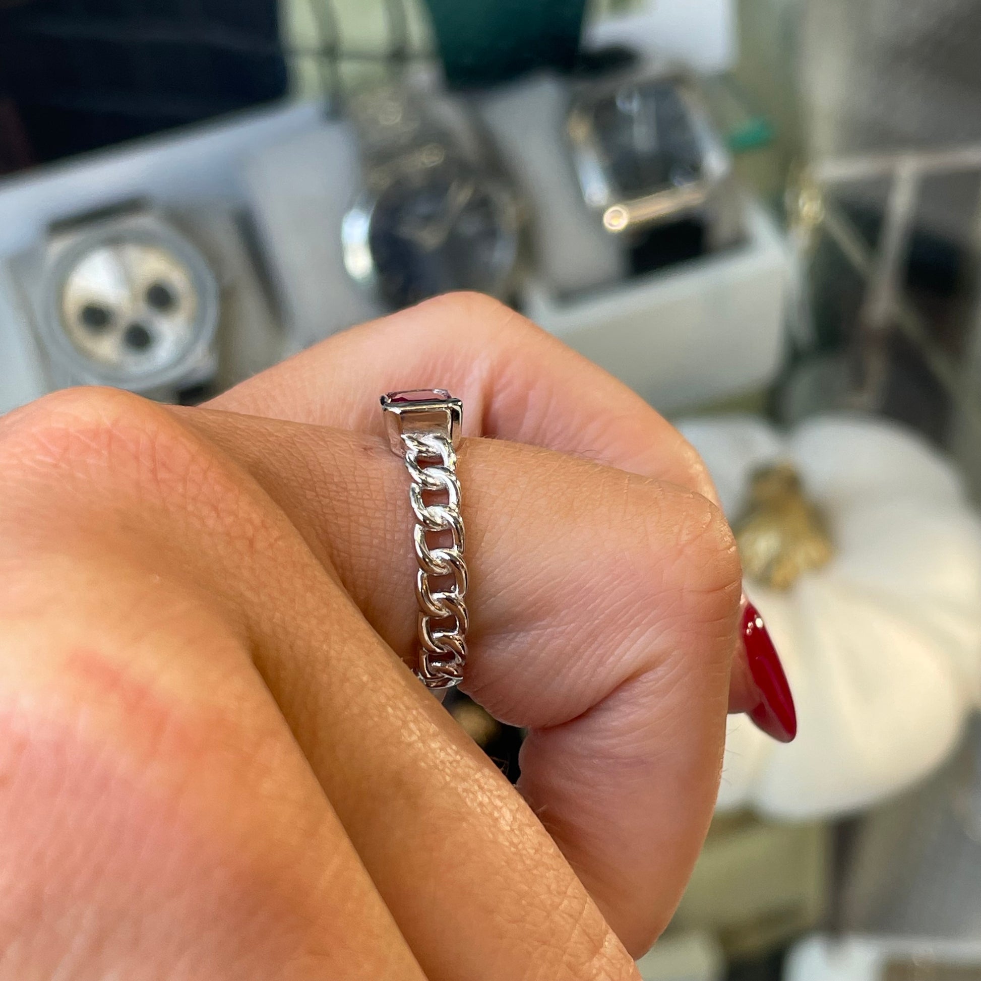 Silver Ruby Red CZ Chain Ring - John Ross Jewellers