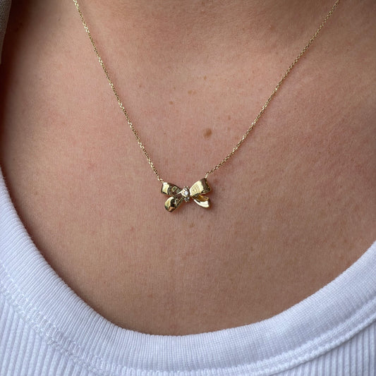 9ct Gold CZ Bow Necklace - John Ross Jewellers