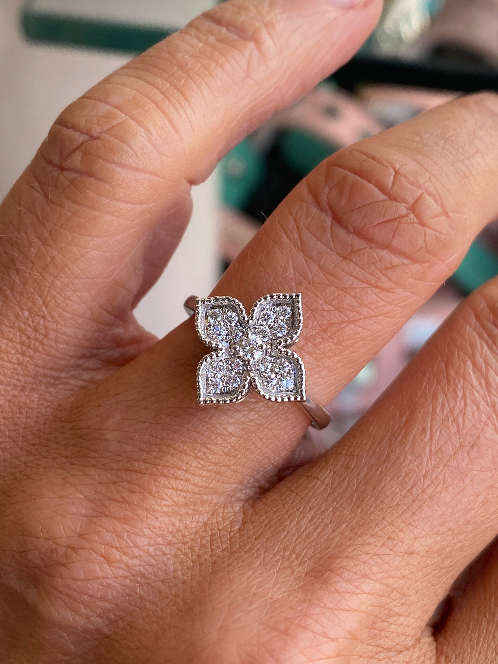 18ct white gold Venetian quatrefoil diamond ring by Lanza featuring intricate design and sparkling diamonds.