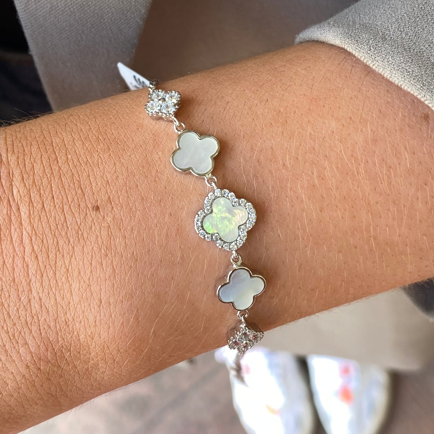 Silver CZ Bracelet | Mother of Pearl Quatrefoil