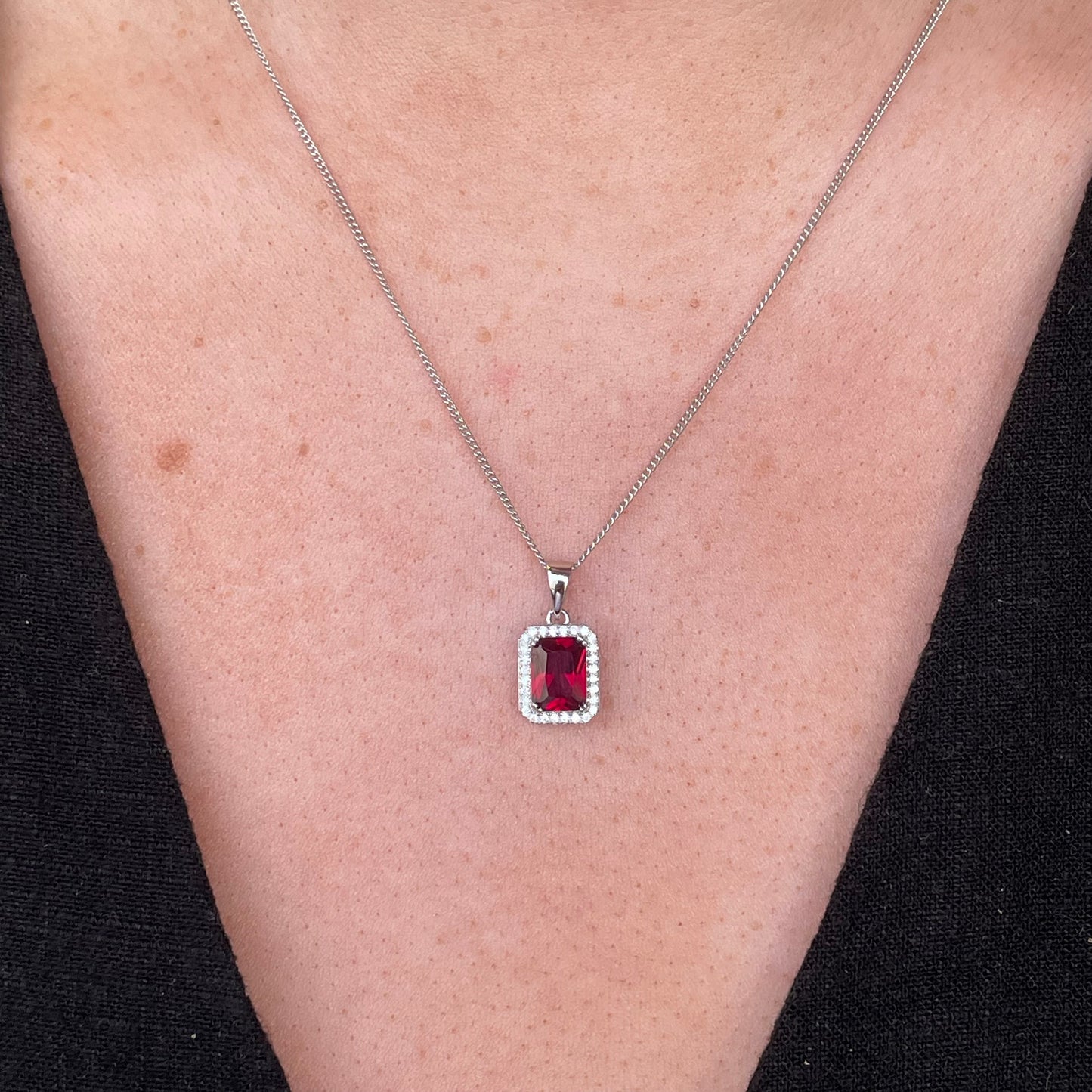 Silver Emerald Halo CZ Necklace | Ruby Red - John Ross Jewellers