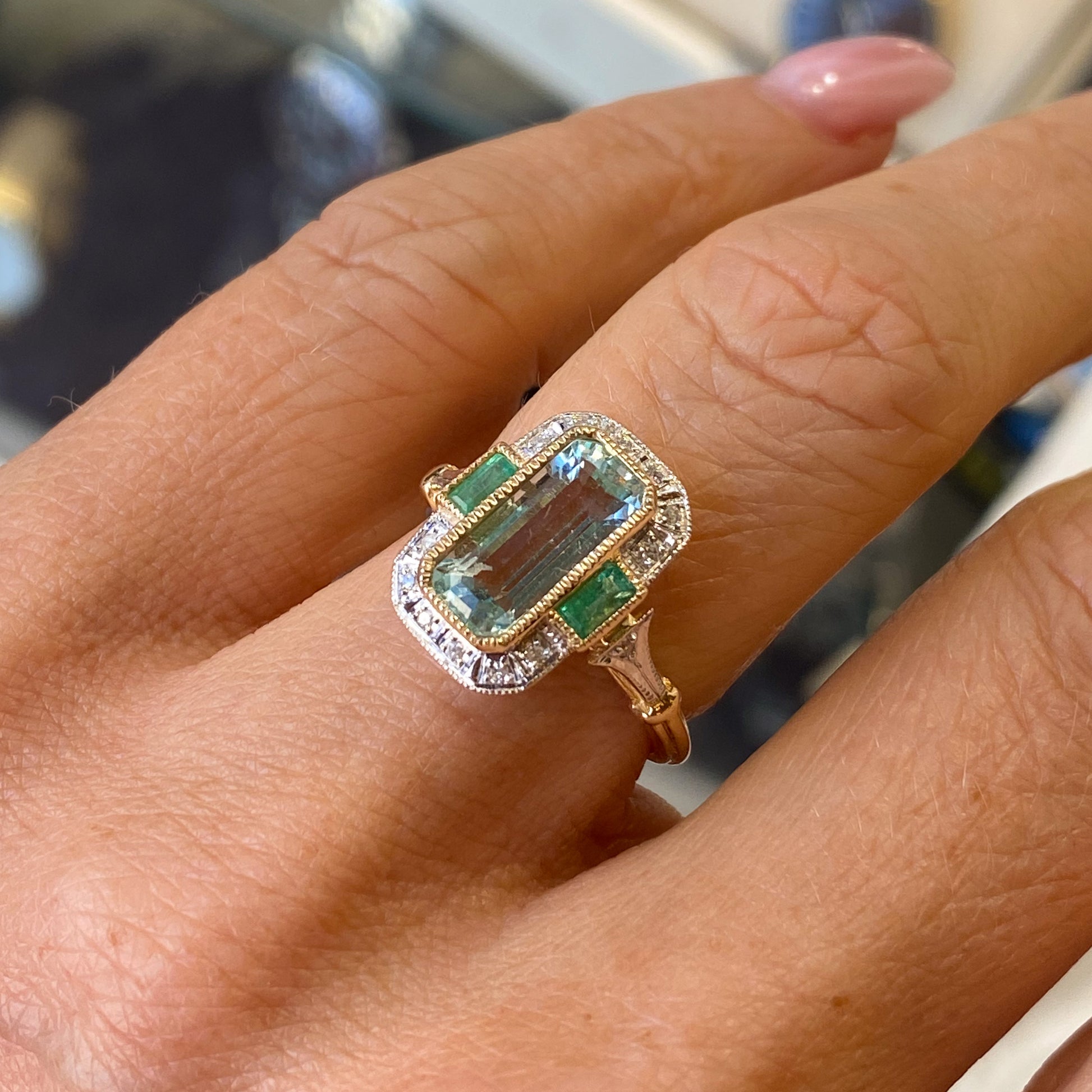 9ct Gold Aquamarine, Emerald & Diamond Ring - John Ross Jewellers