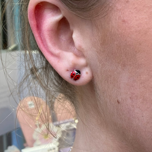 Silver Enamel Ladybird Stud Earrings