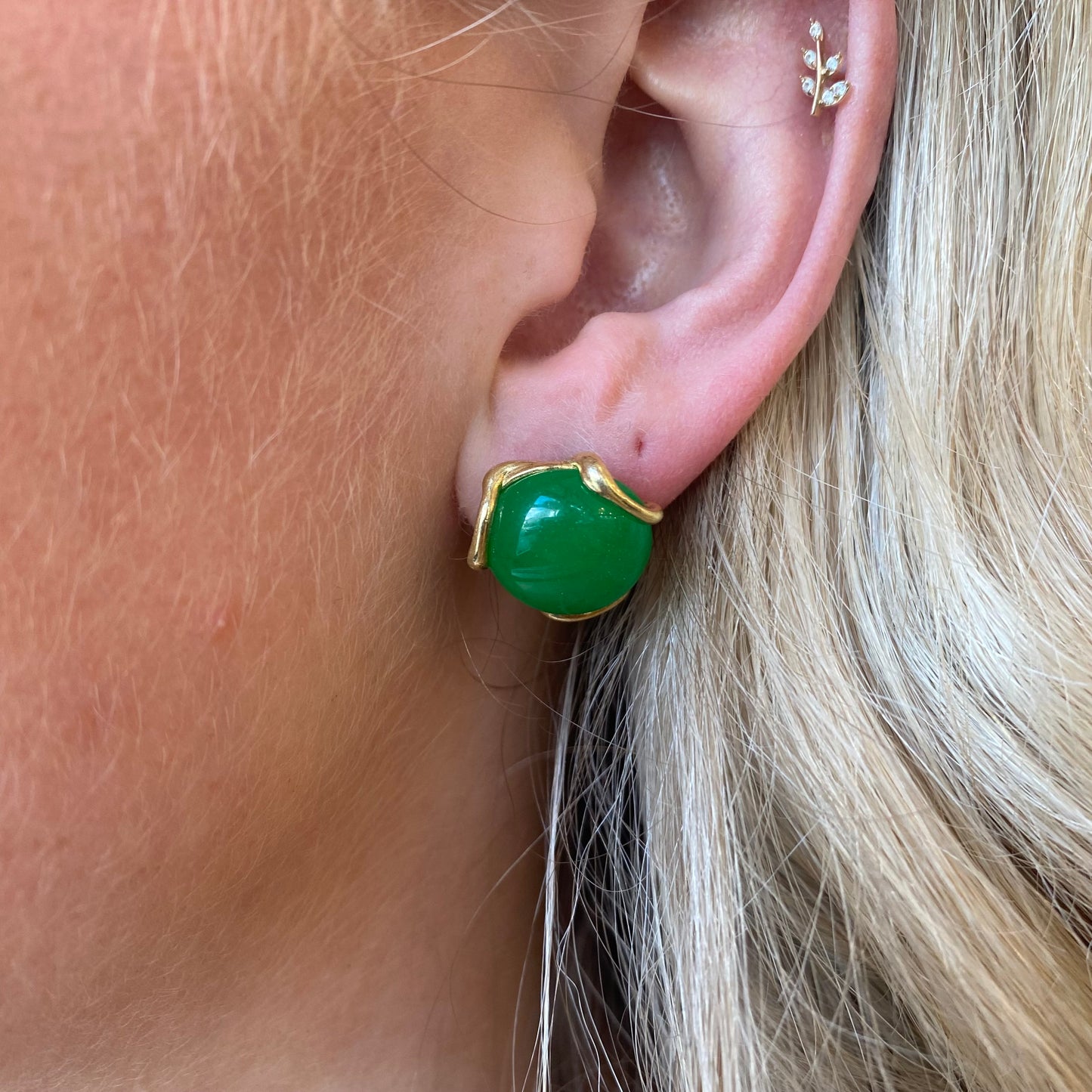 Bruno Baroque Jade Stud Earrings, 16mm, featuring polished jade stones in a classic stud earring design.