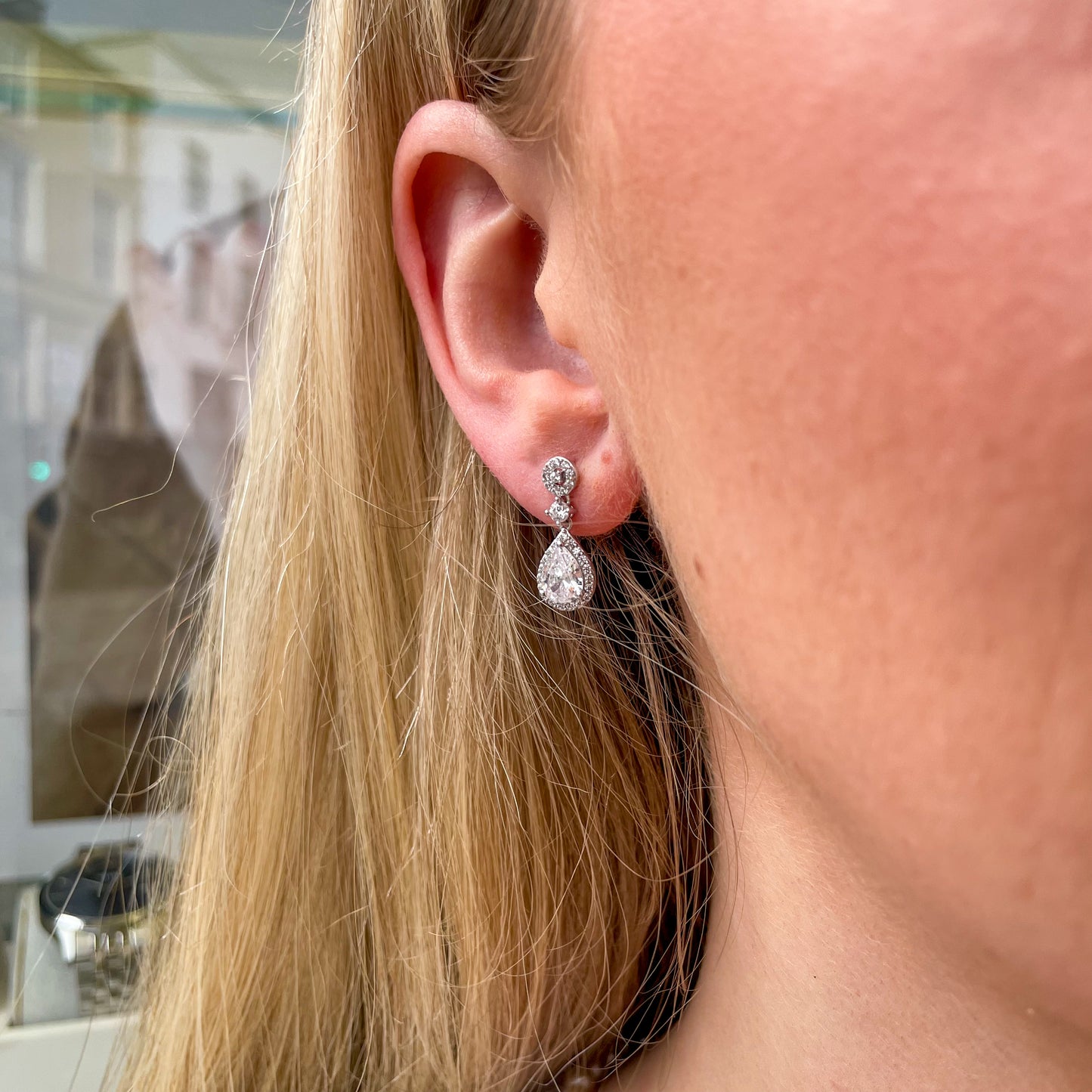 9ct White Gold Pear Halo CZ Drop Earrings - John Ross Jewellers