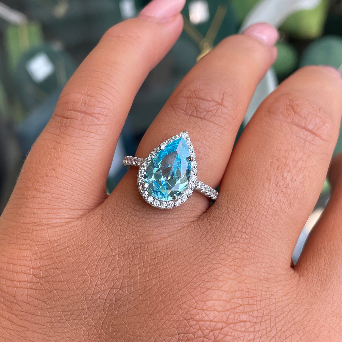 Silver Pear CZ Halo Solitaire Ring | Swiss Blue