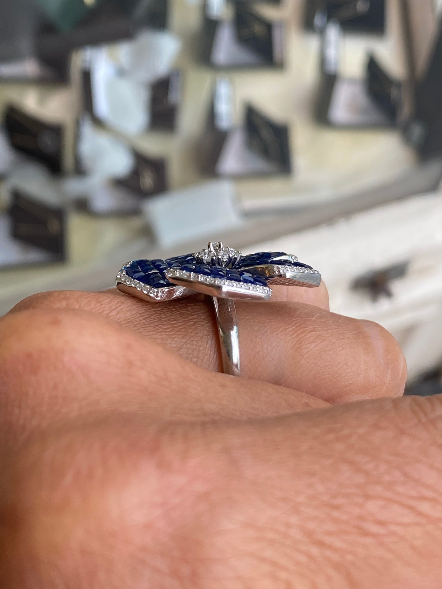 Silver CZ Statement Flower Ring | Sapphire Ring