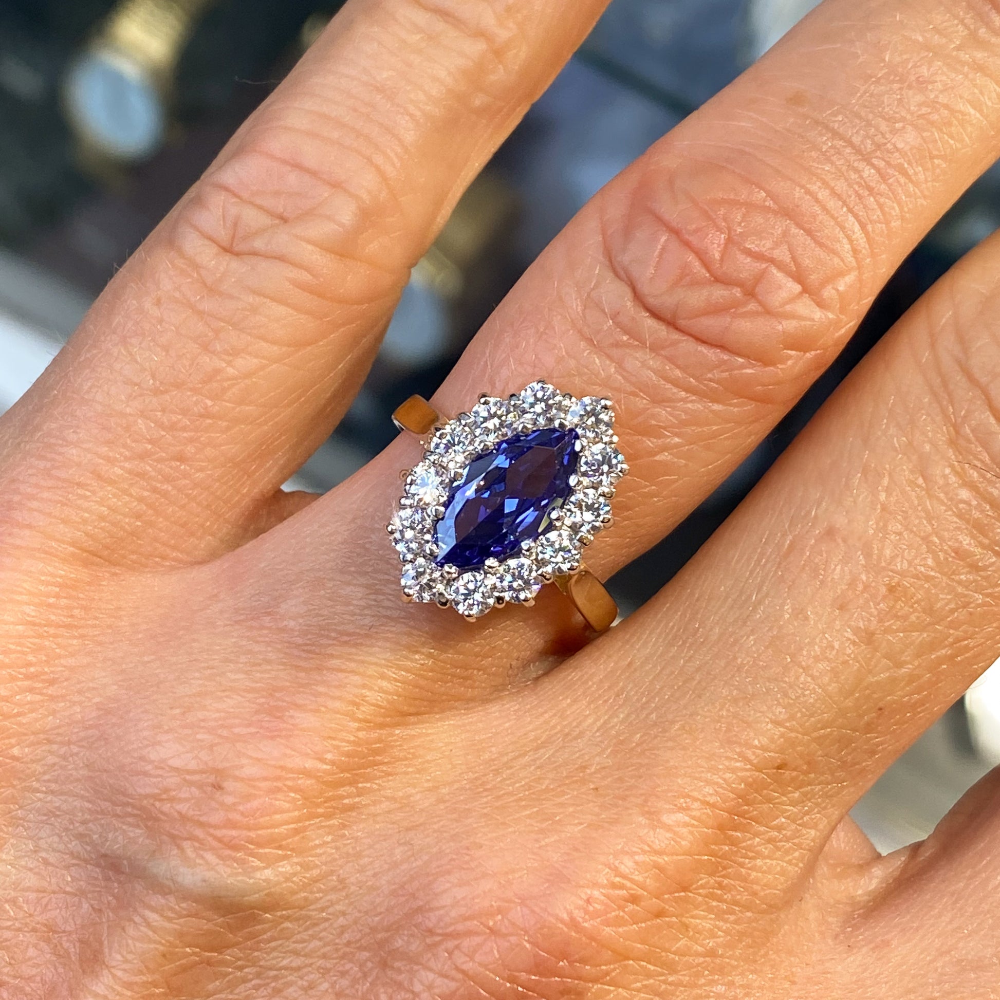 9ct Gold Created Tanzanite & CZ Marquise Cluster Ring - John Ross Jewellers