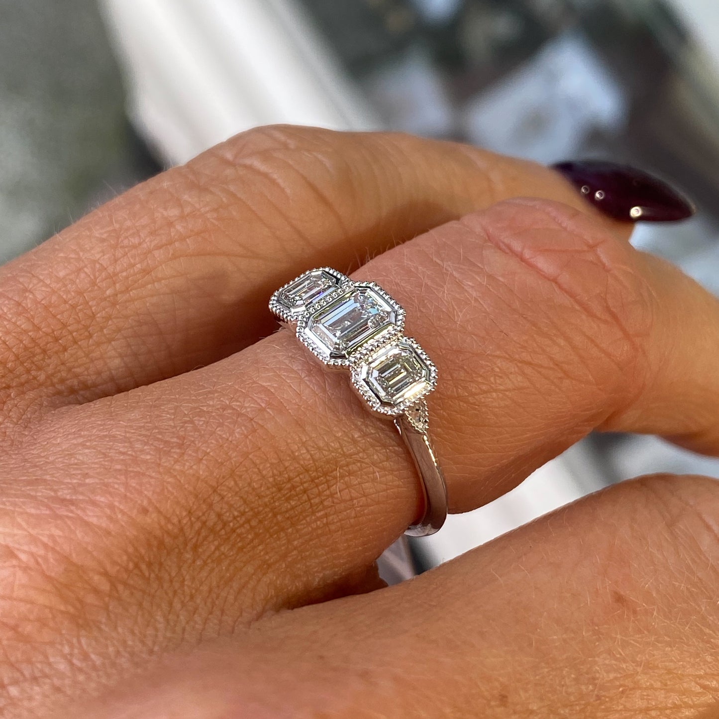 18ct White Gold Emerald Cut Diamond Trilogy Engagement Ring