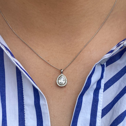 Silver Pear CZ Halo Necklace | Small - John Ross Jewellers
