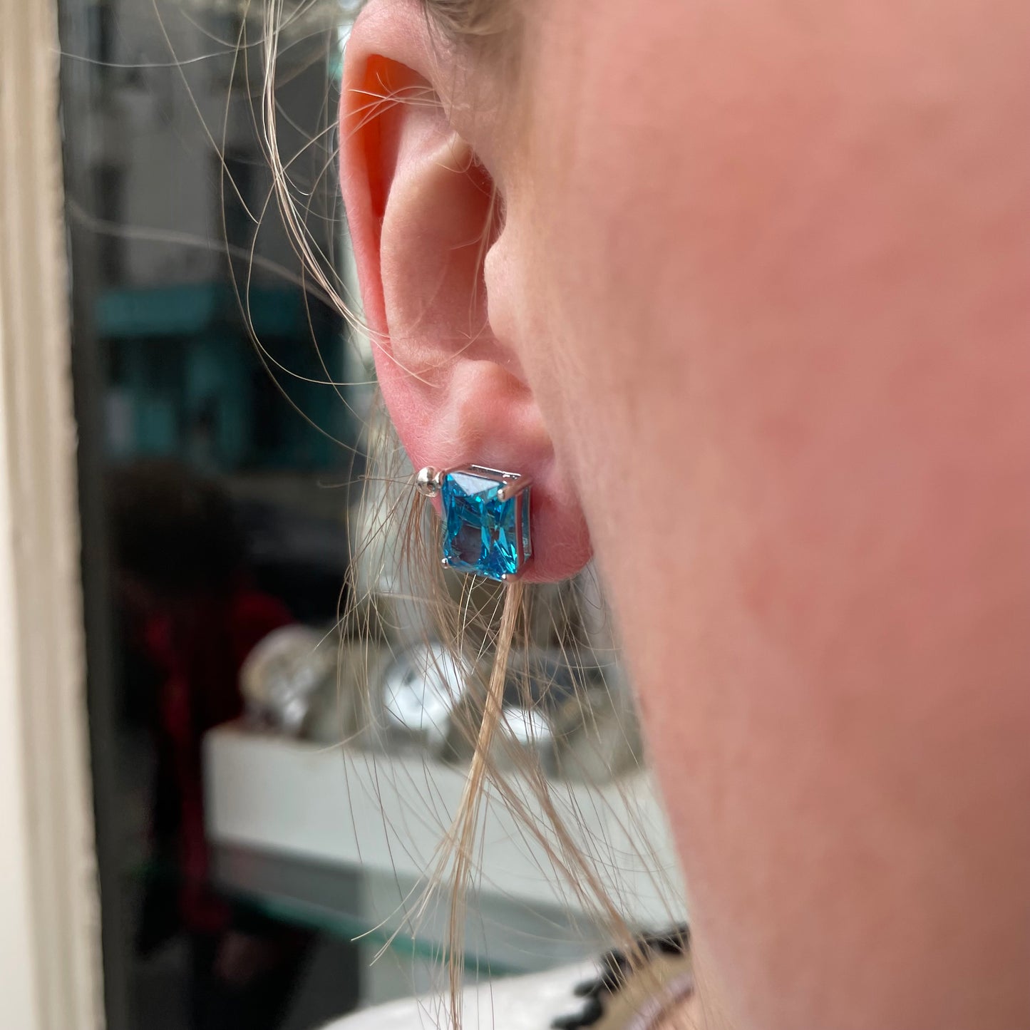 Silver 10x8mm Aqua CZ Stud Earrings - John Ross Jewellers