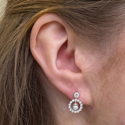 18ct White Gold Pearl & Diamond Eternity Drop Earrings - John Ross Jewellers