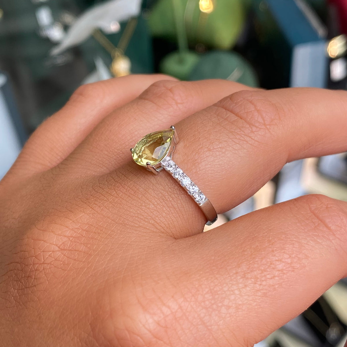 Silver Pear Peridot & CZ Solitaire Ring