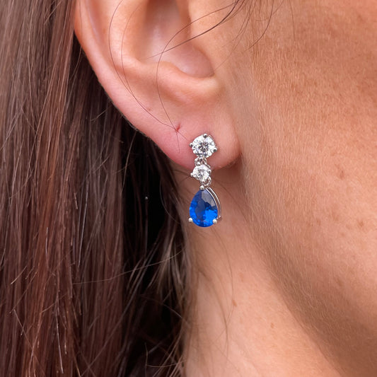 Silver Pear CZ Drop Earrings | Sapphire Blue
