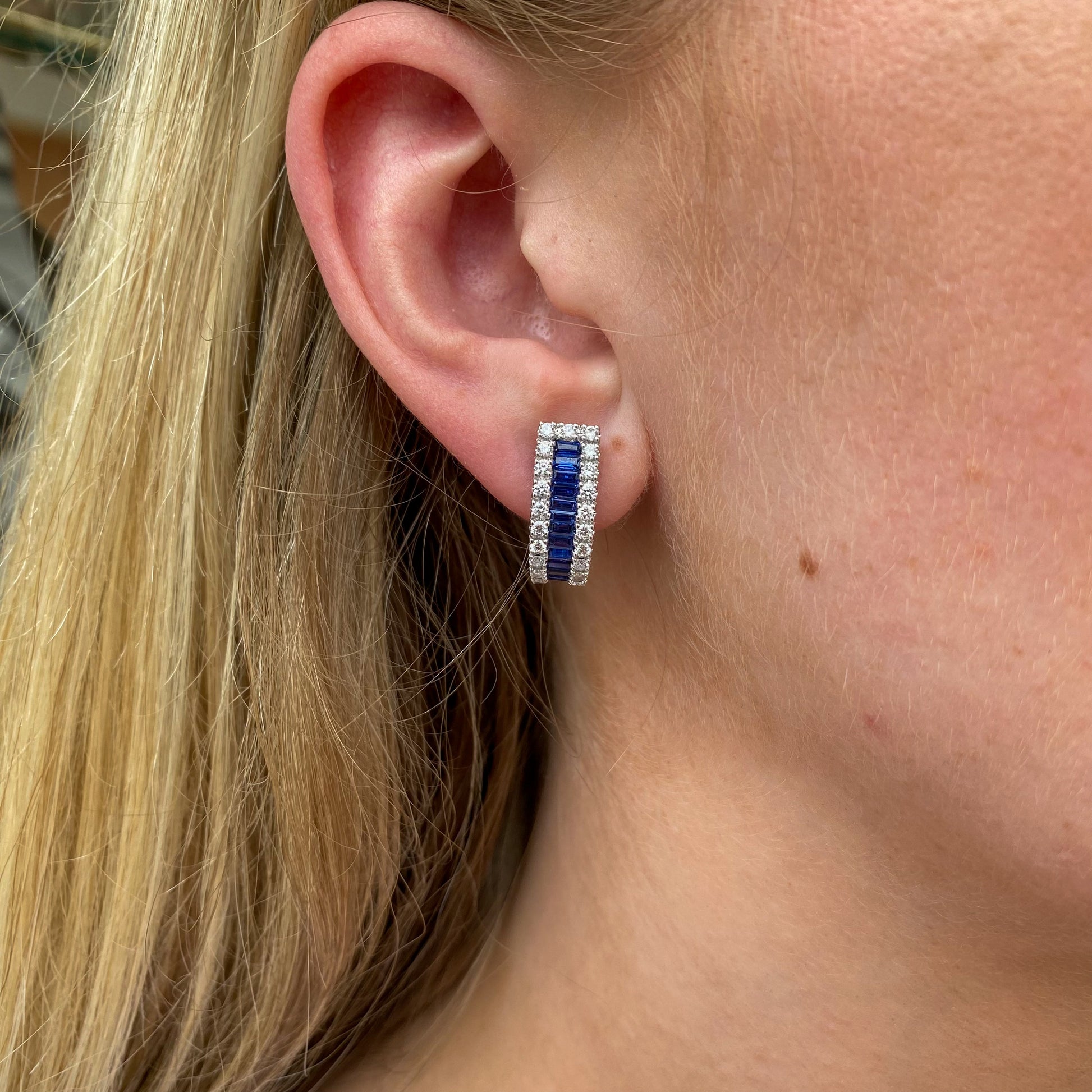 18ct White Gold Sapphire & Diamond J Hoop Earrings - John Ross Jewellers