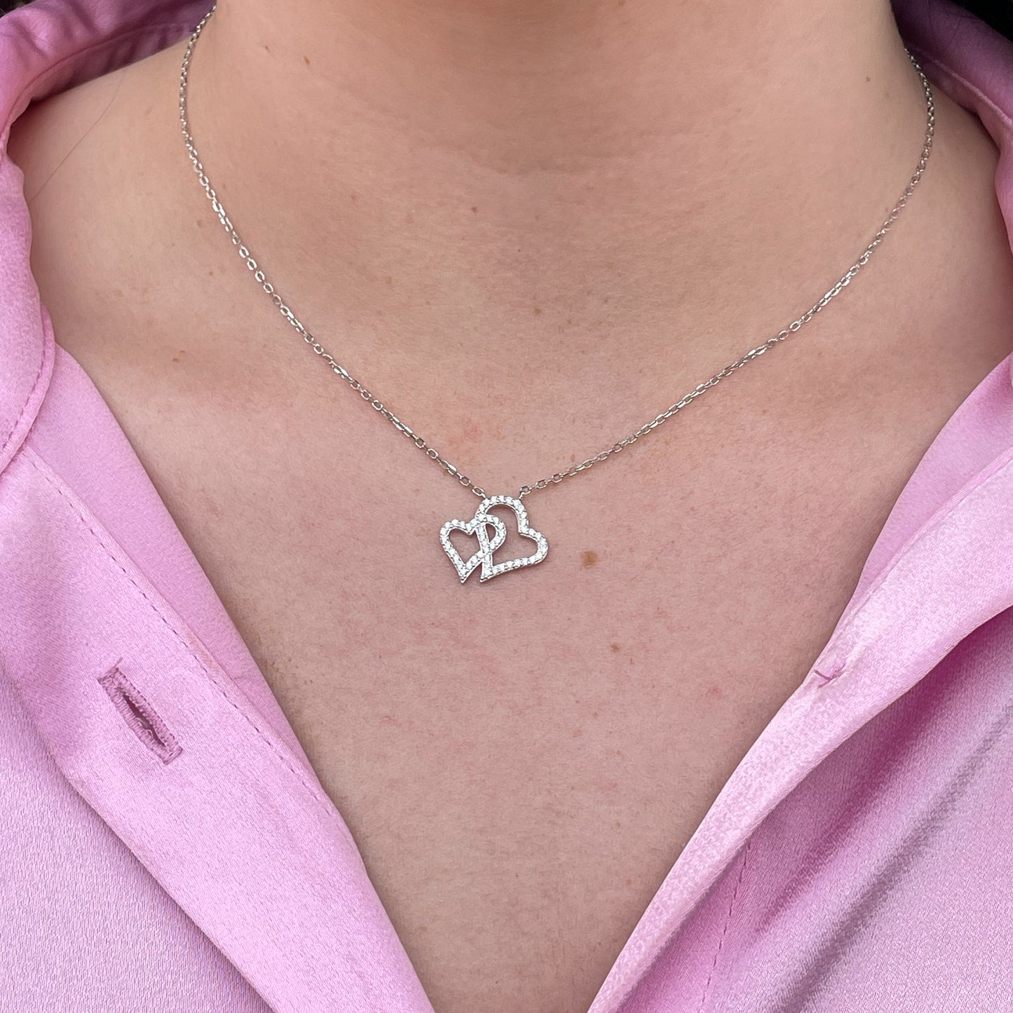 Silver CZ Two Hearts Necklace