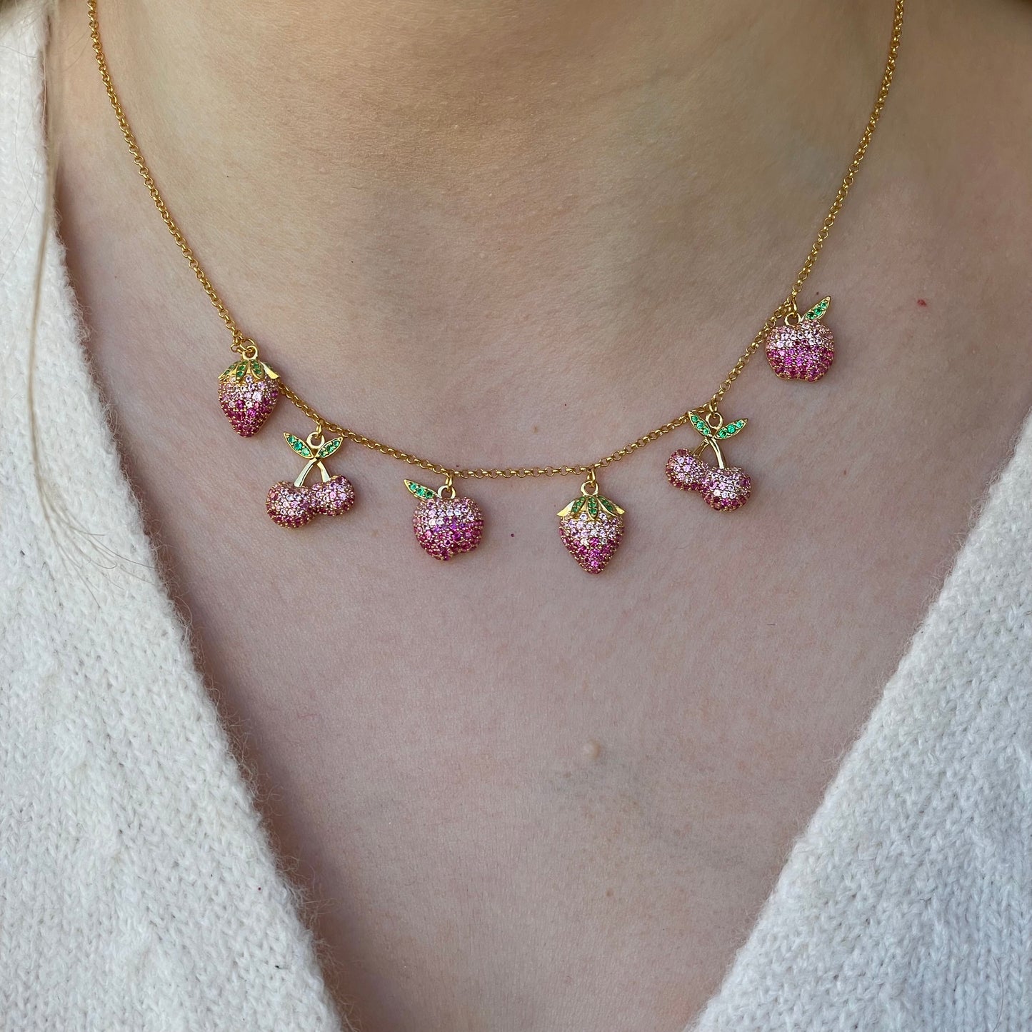 Colorful Sunshine Fruit Salad necklace by Comero featuring vibrant fruit-shaped charms on a 40+5cm chain.