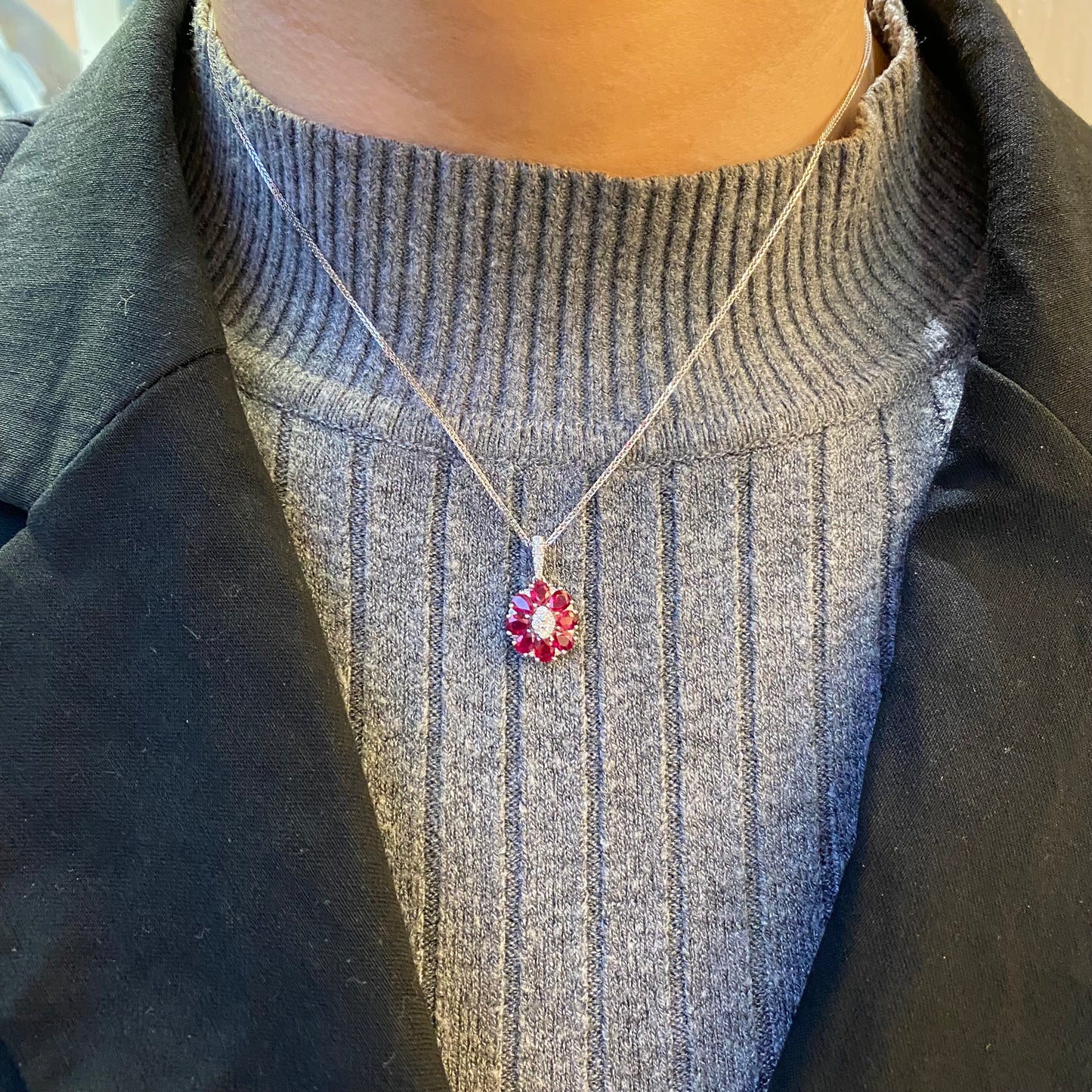 18ct White Ruby & Diamond Oval Pendant