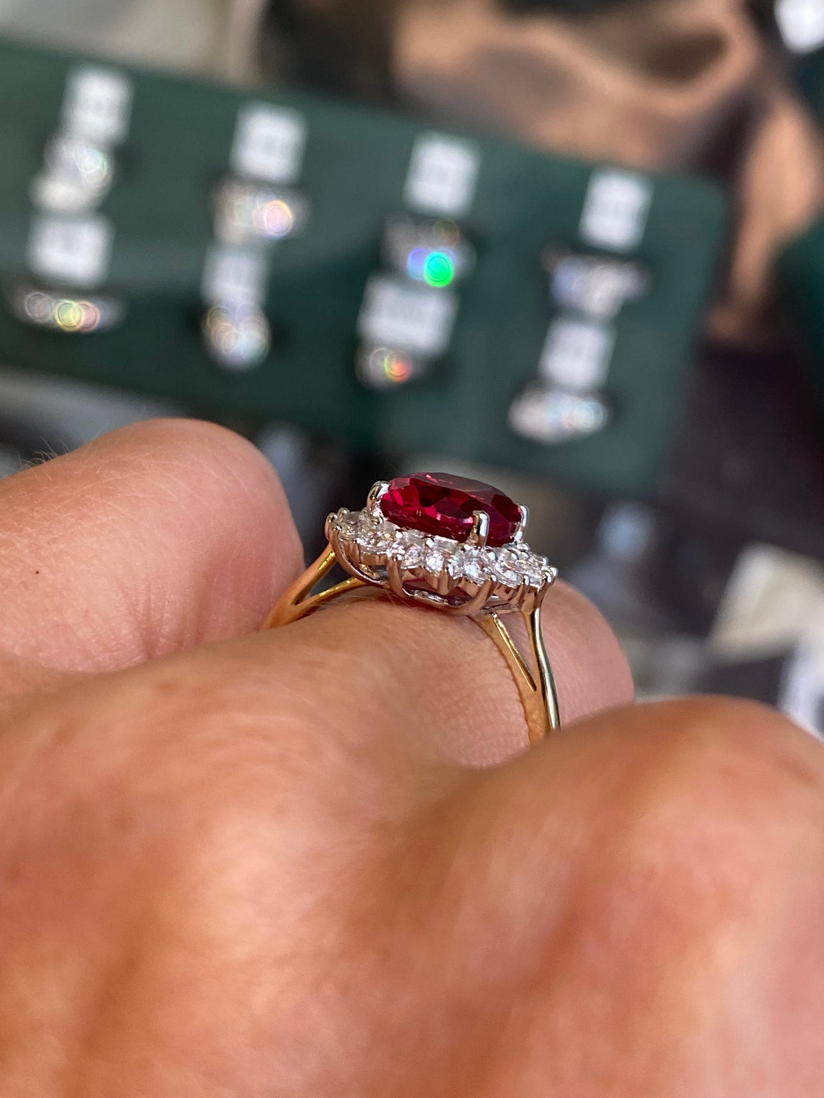 9ct Gold Cluster Ring - Created Ruby & CZ