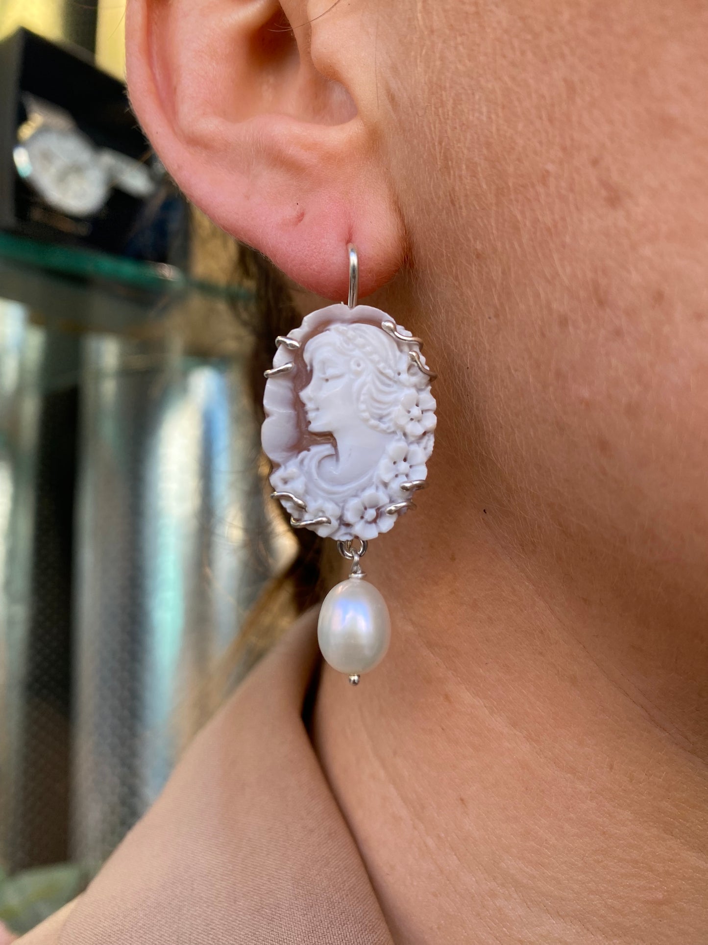 Lady Cameo & Pearl Drop Earrings - Small|Medium