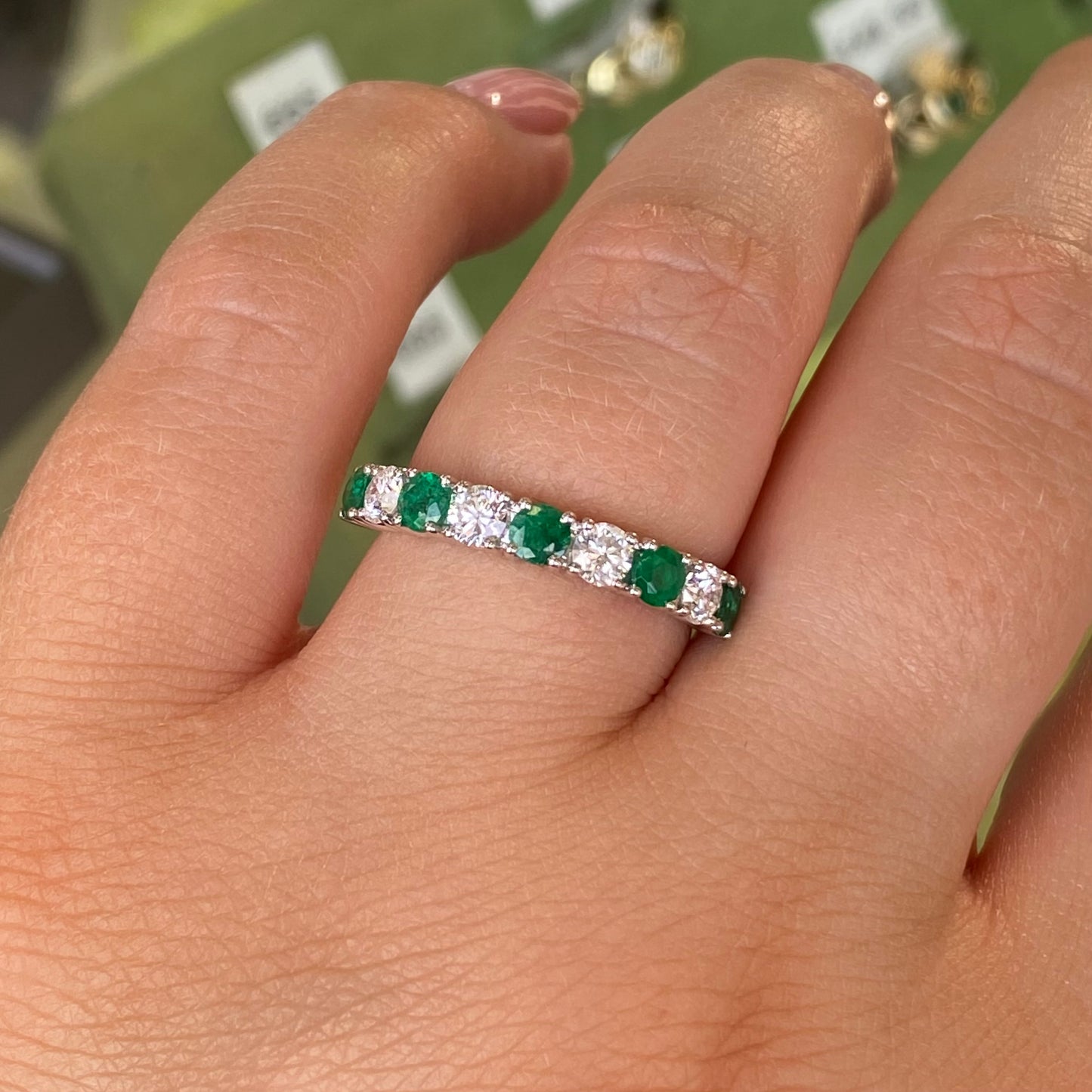 18ct Gold Nine Stone Emerald & Diamond Eternity Ring