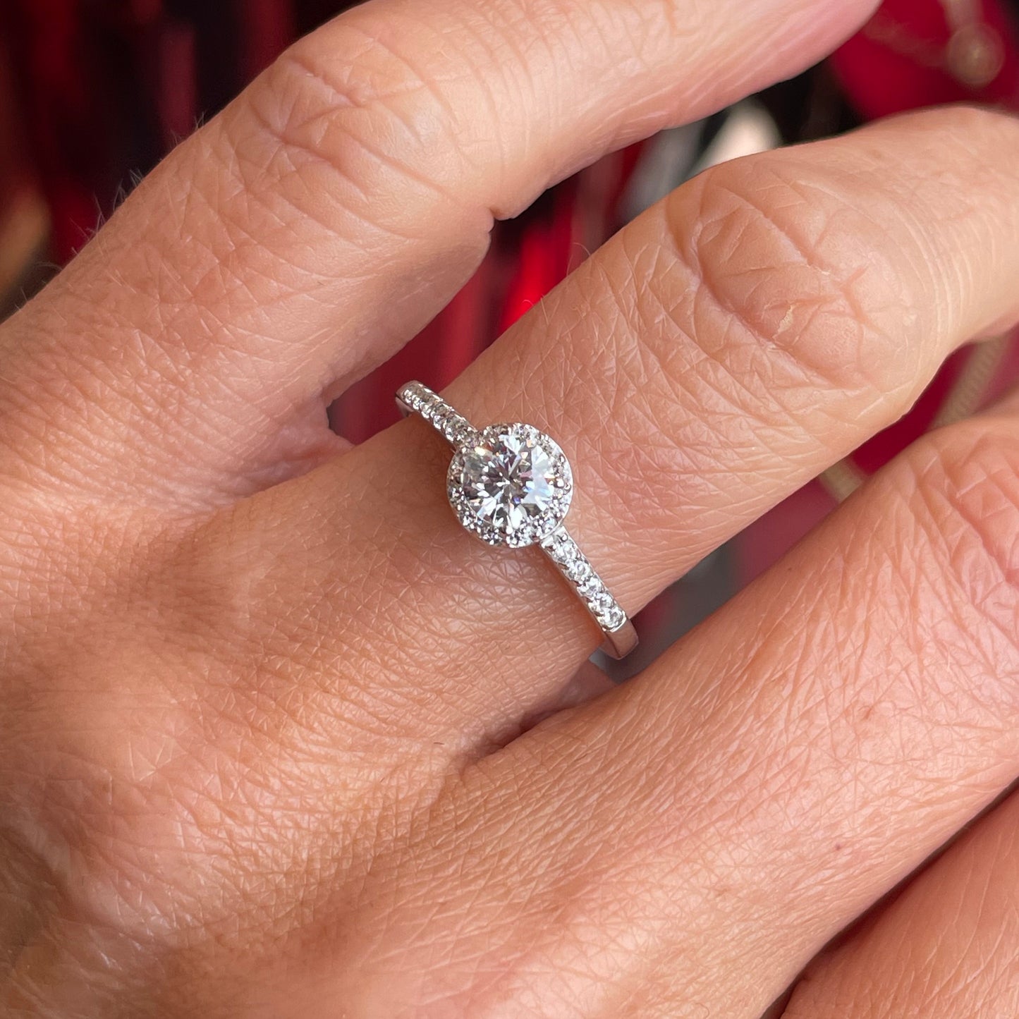 Silver Pretty CZ Halo Solitaire Ring