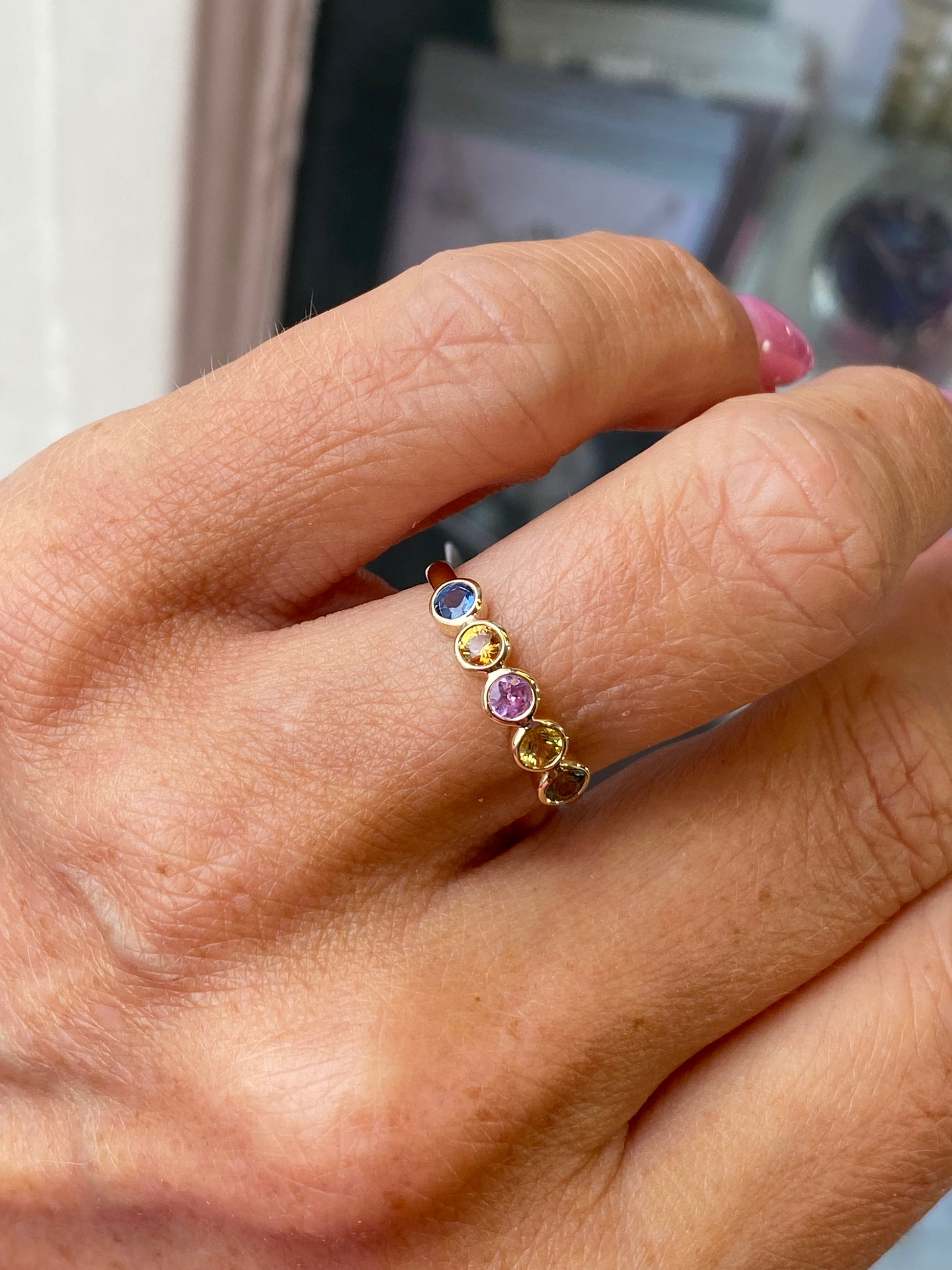 9ct Gold Five Stone Gemstone Ring - Pastel Sapphires - John Ross Jewellers