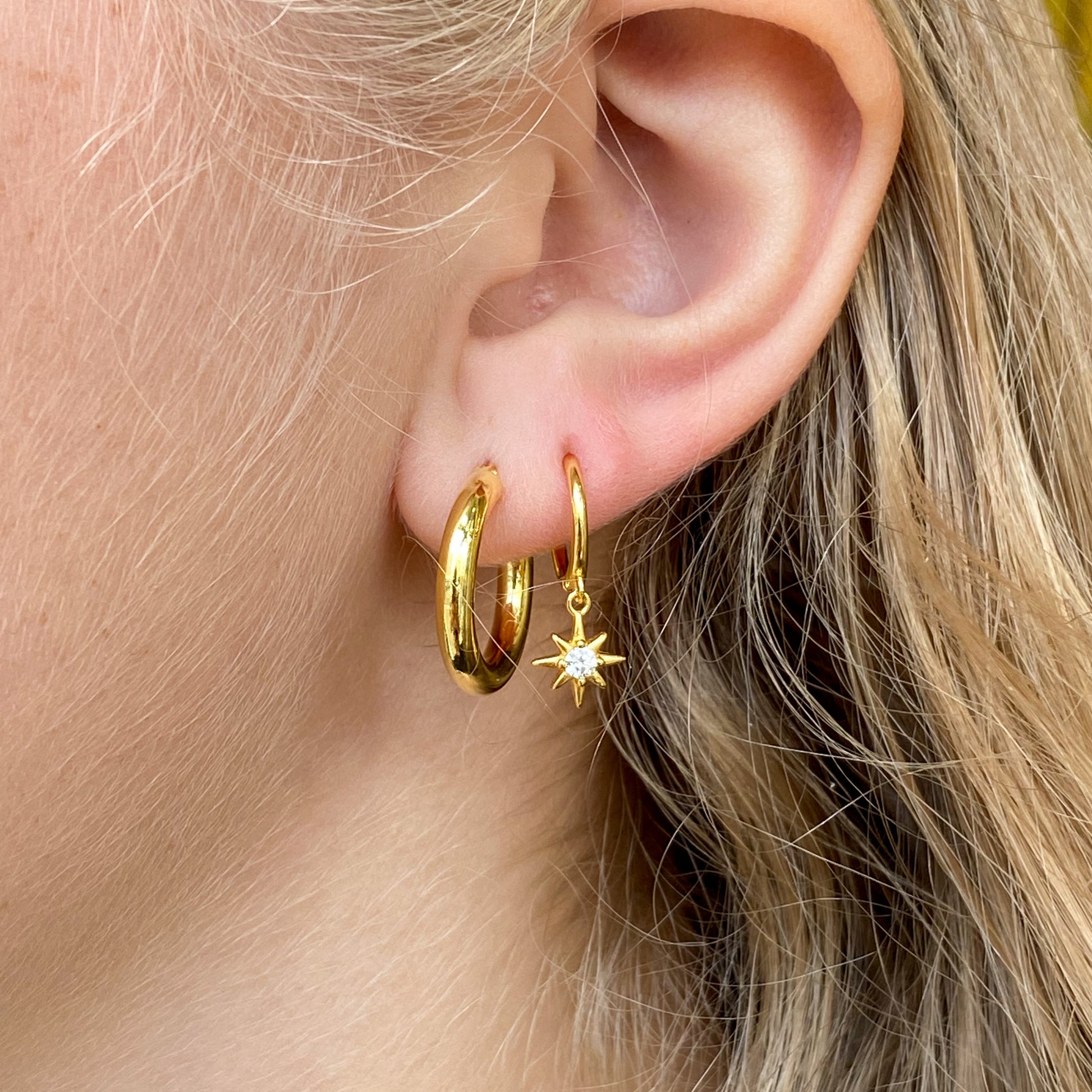 Sunshine CZ Compass Star Charm Huggie Hoop Earrings | 11mm - John Ross Jewellers
