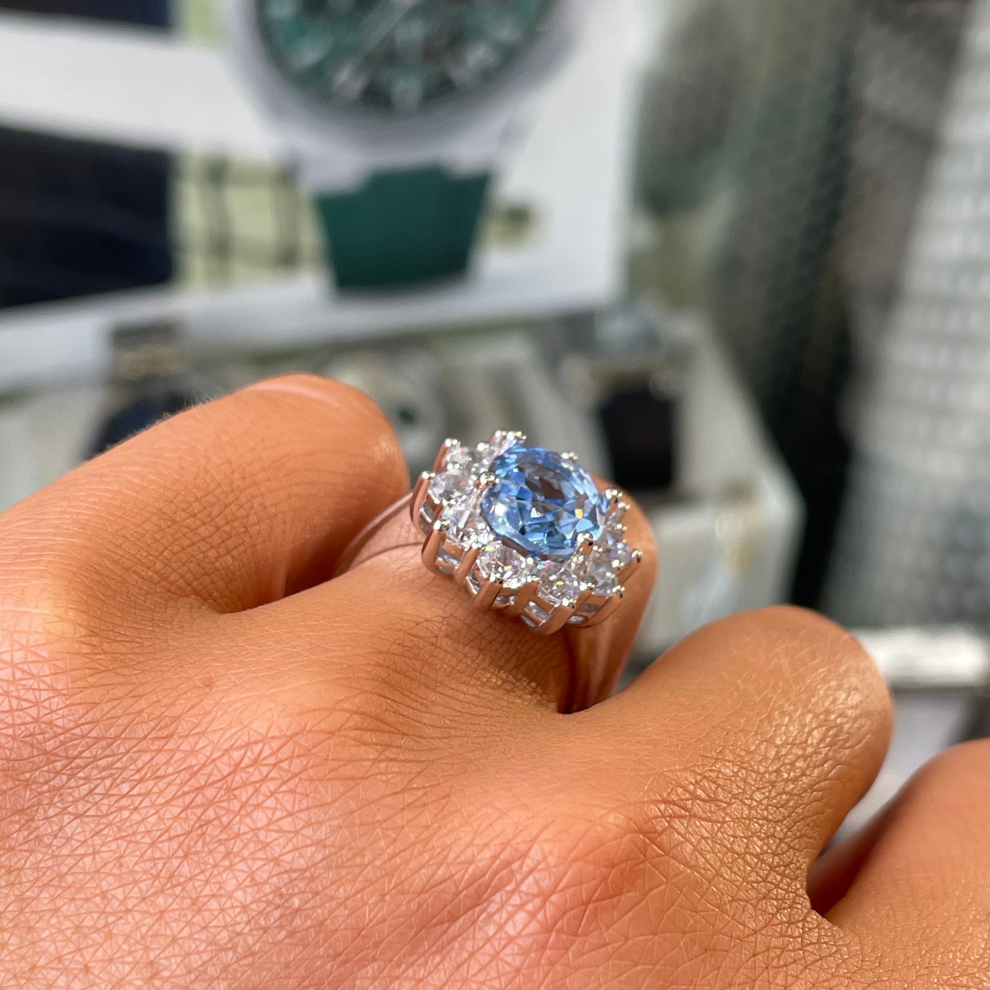 Silver Oval Cluster Ring | Aqua - John Ross Jewellers