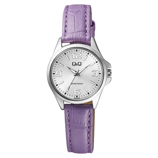 Q&Q ladies silver watch with purple leather strap, featuring a round dial and elegant design for stylish wear.
