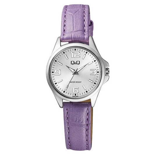 Q&Q ladies silver watch with purple leather strap, featuring a round dial and elegant design for stylish wear.