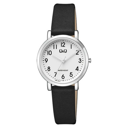 Q&Q ladies silver leather watch with a sleek round dial and silver strap, stylish timepiece for women.