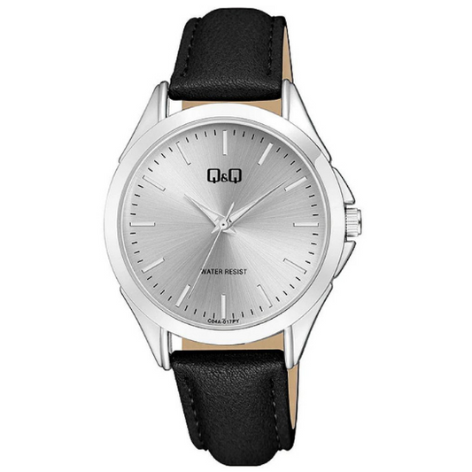 Q&Q Ladies Silver Black Leather Watch