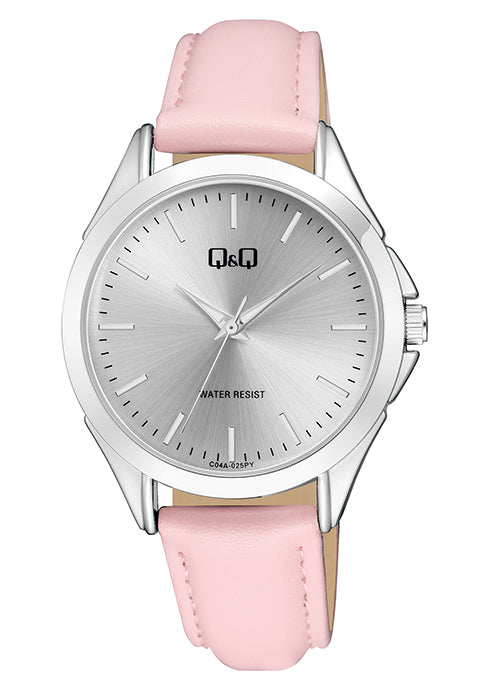 Q&Q ladies silver watch with pink leather strap, stylish analog wristwatch for women, featuring a sleek design and silver dial.