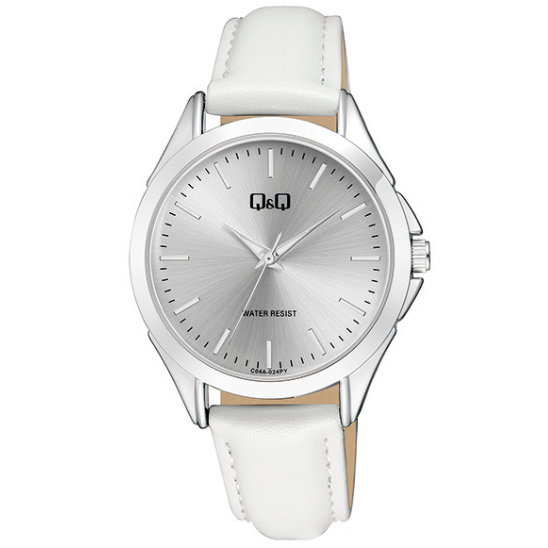 Q&Q ladies silver white leather watch with round dial and minimalist design, showcasing elegant timepiece for women.