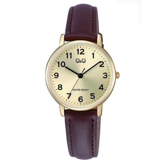 Q&Q ladies gold leather watch with round dial and gold-tone case, stylish women's wrist timepiece.