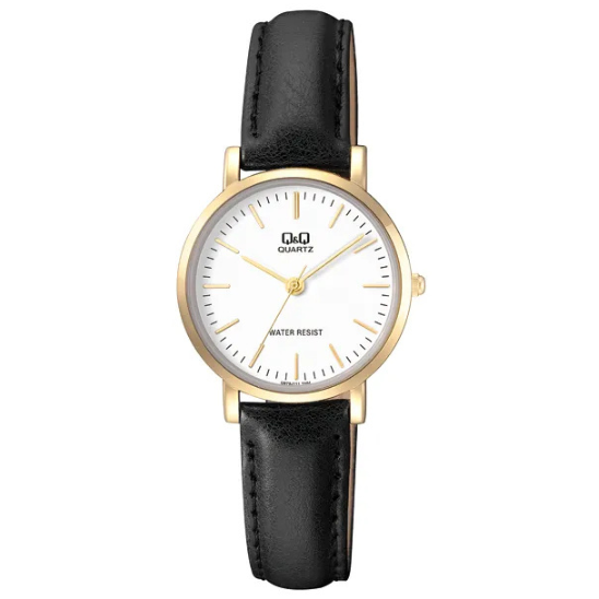 Q&Q ladies gold leather watch with a round dial and gold-tone case, stylishly displayed on a white background.